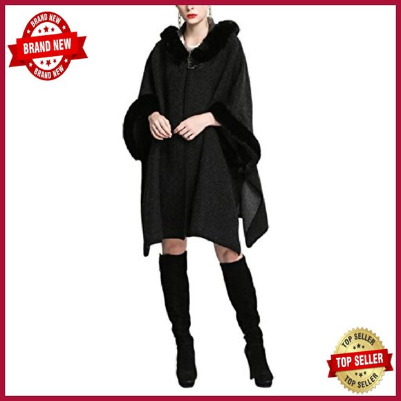 Luxury Batwing Sleeve Faux Fur Hooded Cloak Poncho Sweater Cape - Picture 2 of 8
